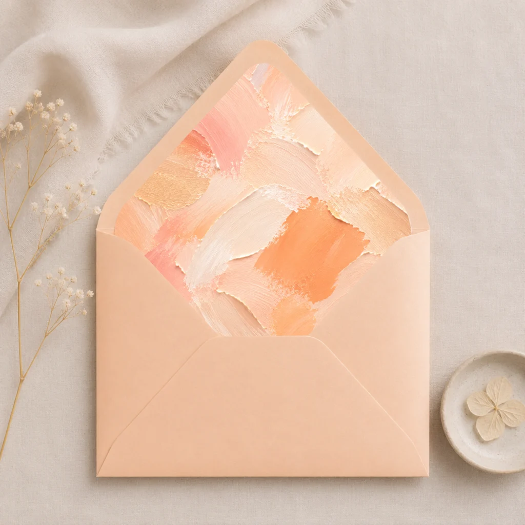 Abrikoos (Apricot) envelope with the Apricot Canvas Envelope Liner Template featuring warm apricot, peach, cream, and soft coral brushstrokes for elegant wedding invitations.