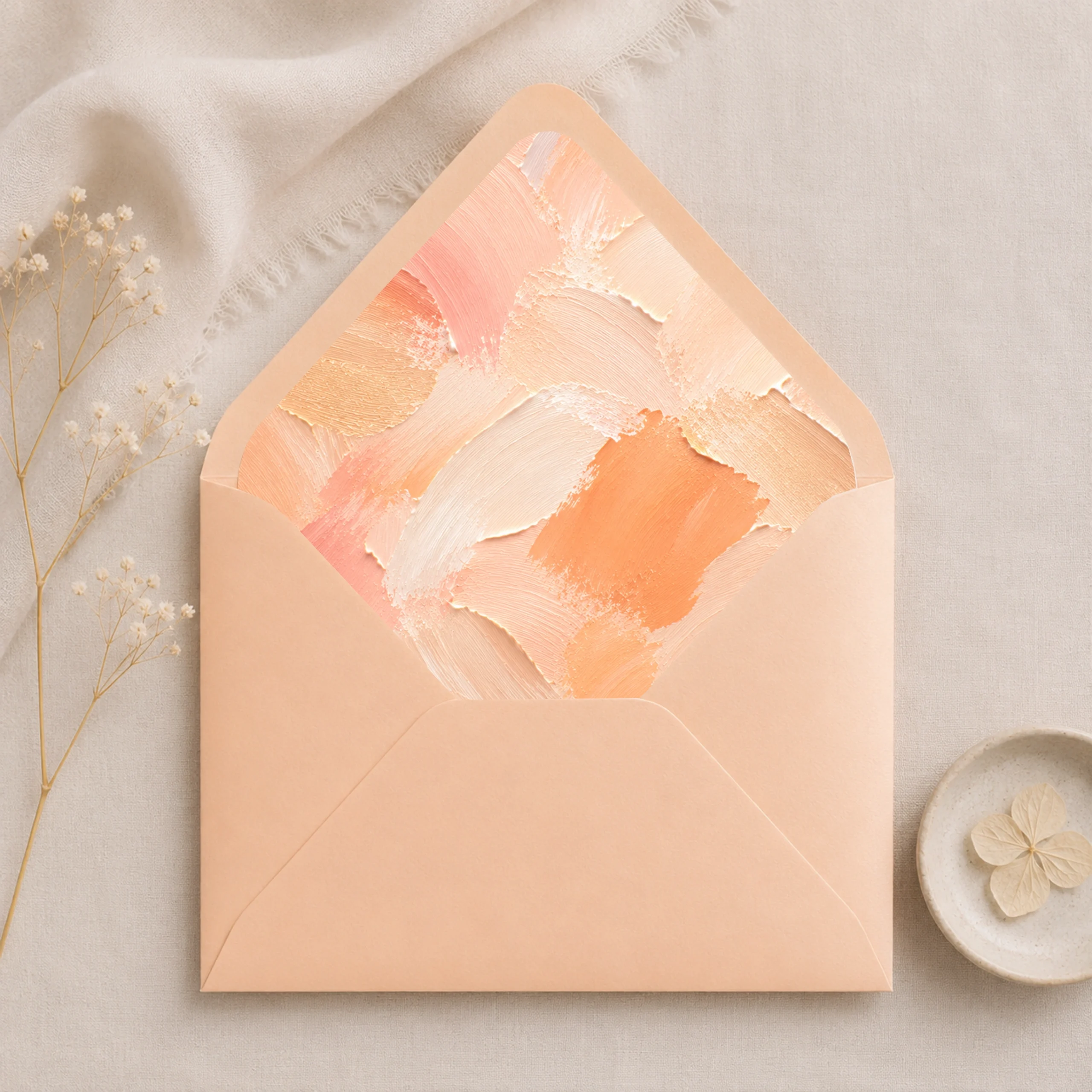 Abrikoos (Apricot) envelope with the Apricot Canvas Envelope Liner Template featuring warm apricot, peach, cream, and soft coral brushstrokes for elegant wedding invitations.