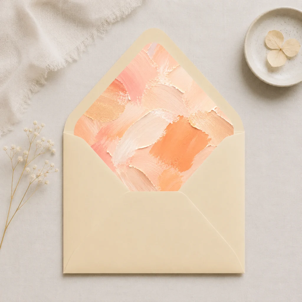 Chamois envelope with the Apricot Canvas Envelope Liner Template featuring warm peach, apricot, cream, and beige brushstrokes for elegant wedding invitations.