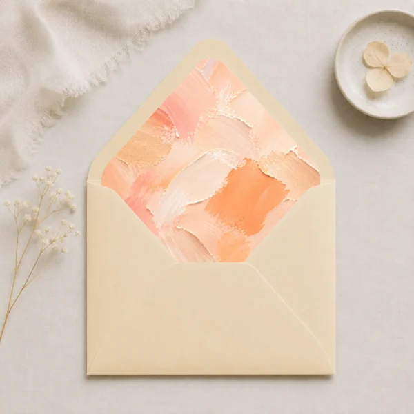 Chamois envelope with the Apricot Canvas Envelope Liner Template featuring warm peach, apricot, cream, and beige brushstrokes for elegant wedding invitations.