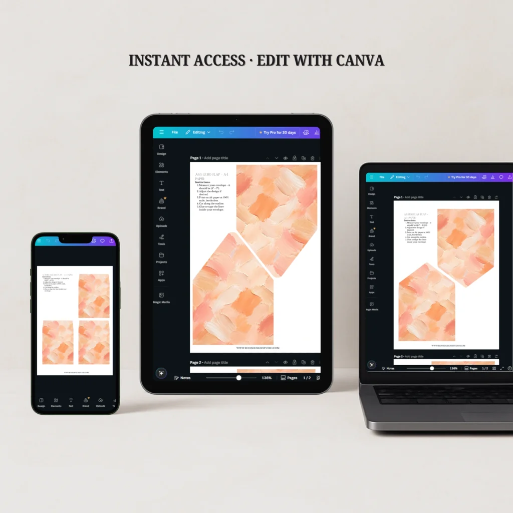 Apricot Canvas Envelope Liner Template editable in Canva on desktop, tablet, and mobile for instant download wedding invitation liner templates.