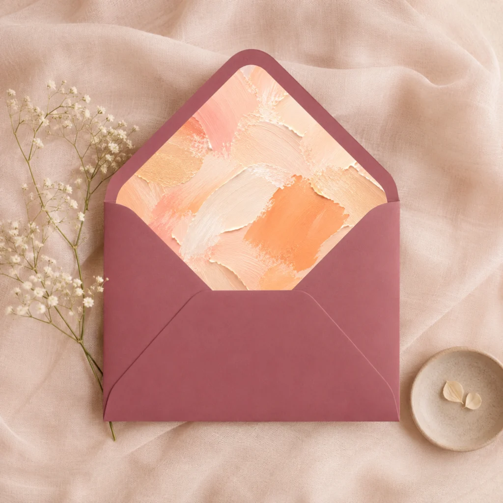 Framboos (Raspberry) envelope with the Apricot Canvas Envelope Liner Template featuring warm apricot, peach, cream, and soft coral brushstrokes for elegant wedding invitations.