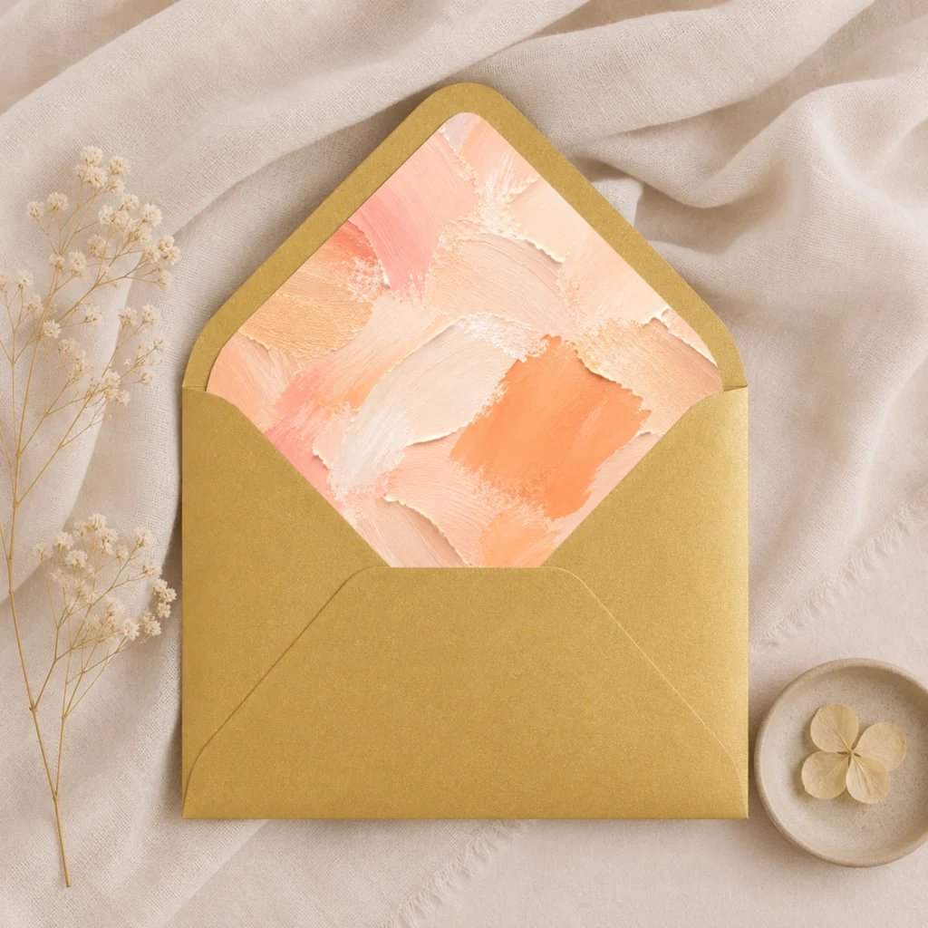 Metallic Gold envelope with the Apricot Canvas Envelope Liner Template featuring warm apricot, peach, cream, and soft coral brushstrokes for elegant wedding invitations.