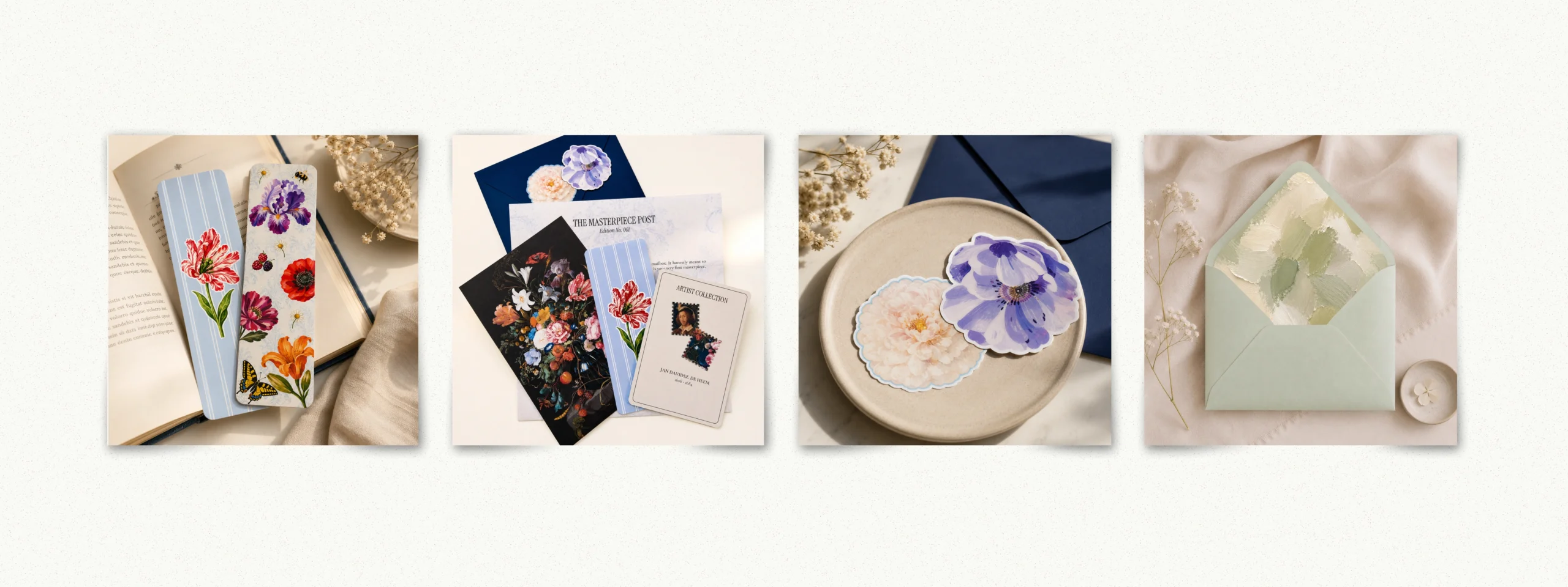 Roos Design Studio hero image showcasing handcrafted bookmarks, The Masterpiece Post art mail club, collectible stickers, and a Sage Canvas envelope liner template on an elegant neutral background.