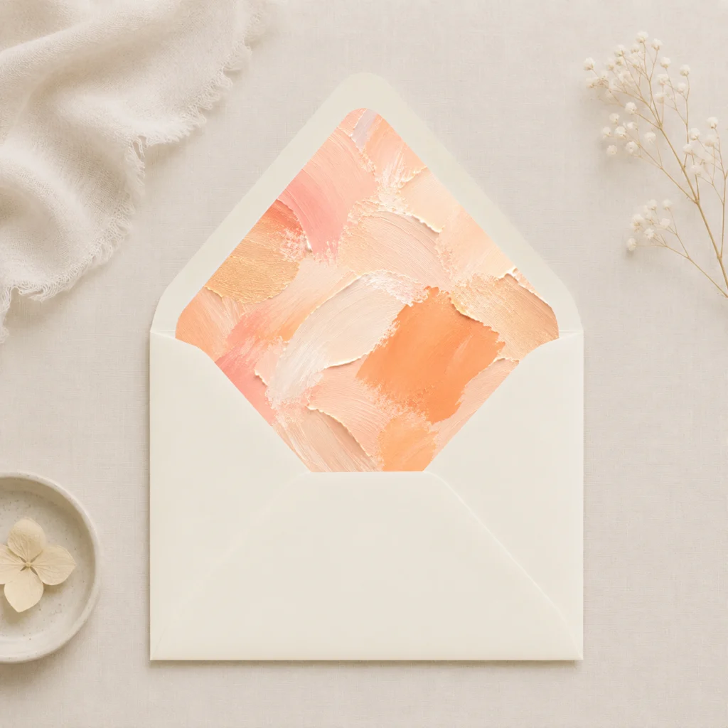 Ivory envelope with the Apricot Canvas Envelope Liner Template featuring warm apricot, peach, cream, and soft coral brushstrokes for elegant wedding invitations.