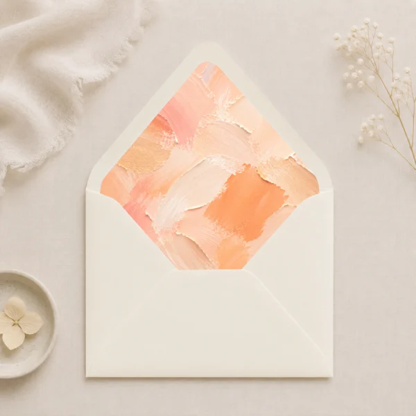 Ivory envelope with the Apricot Canvas Envelope Liner Template featuring warm apricot, peach, cream, and soft coral brushstrokes for elegant wedding invitations.