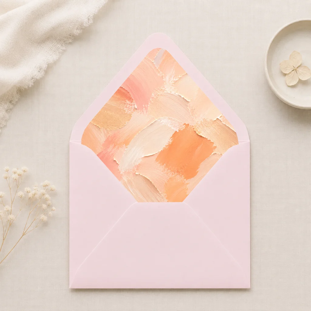 Lichtroze (Light Pink) envelope with the Apricot Canvas Envelope Liner Template featuring warm apricot, peach, cream, and soft coral brushstrokes for elegant wedding invitations.
