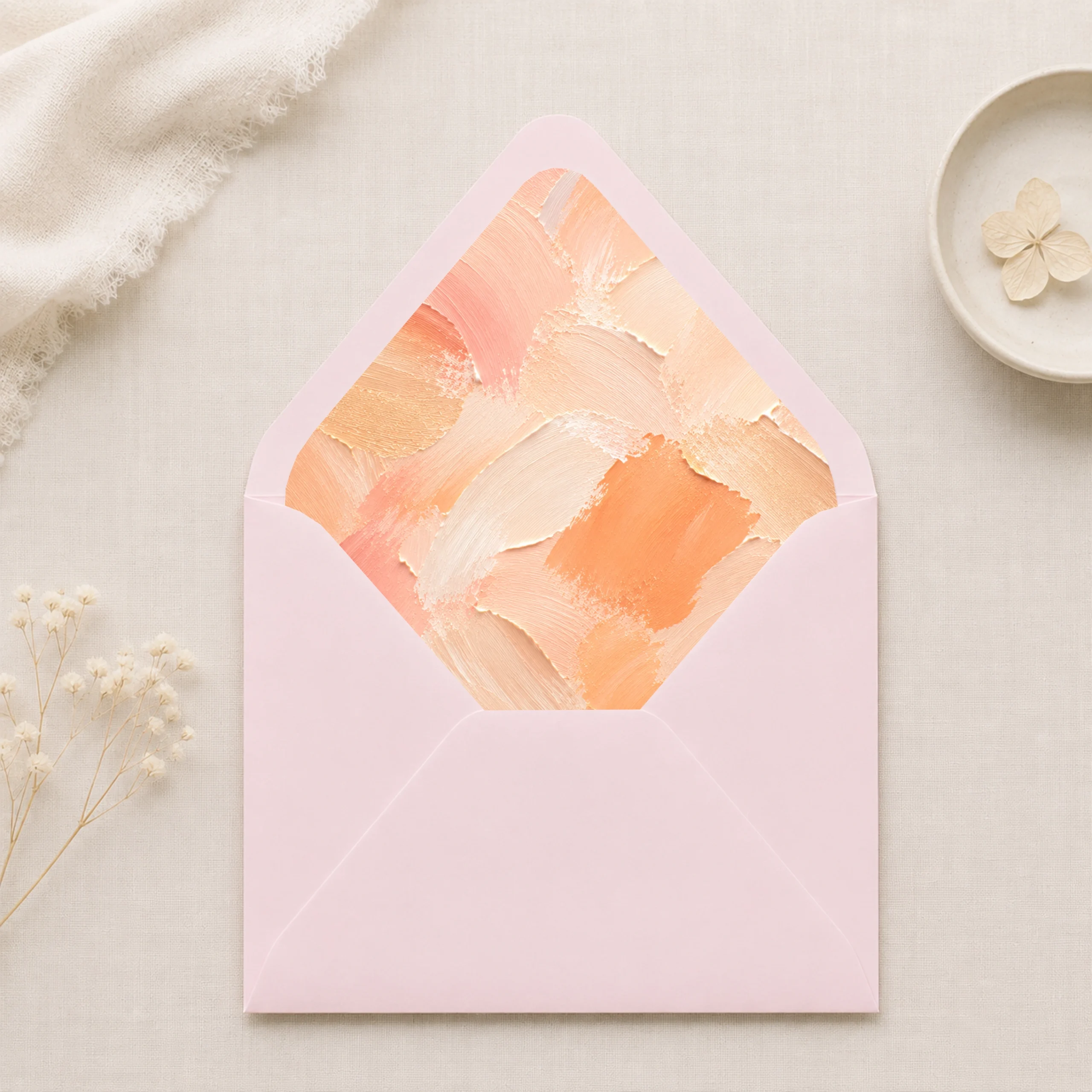 Lichtroze (Light Pink) envelope with the Apricot Canvas Envelope Liner Template featuring warm apricot, peach, cream, and soft coral brushstrokes for elegant wedding invitations.