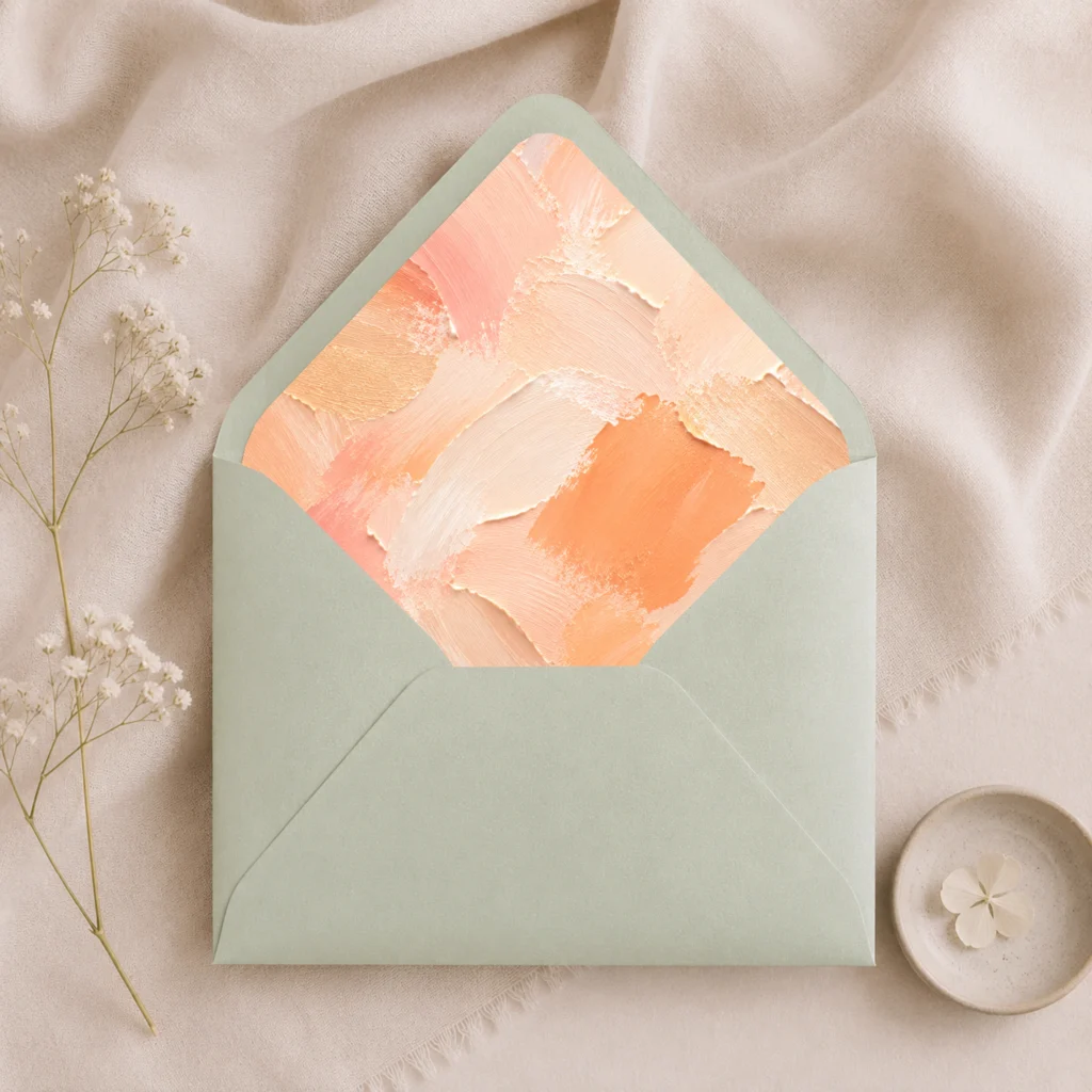 Metallic Mint envelope with the Apricot Canvas Envelope Liner Template featuring warm apricot, peach, cream, and soft coral brushstrokes for elegant wedding invitations.