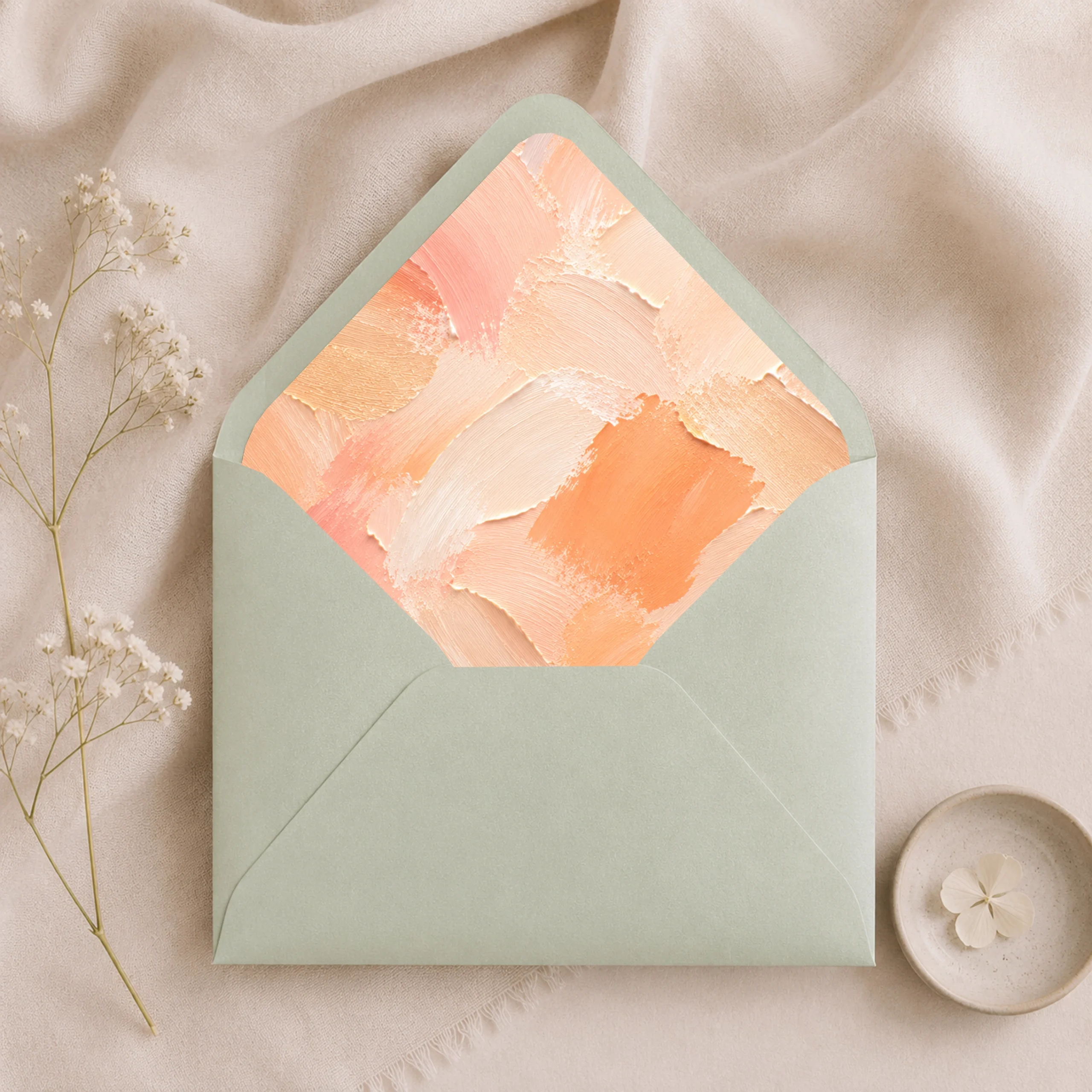 Metallic Mint envelope with the Apricot Canvas Envelope Liner Template featuring warm apricot, peach, cream, and soft coral brushstrokes for elegant wedding invitations.