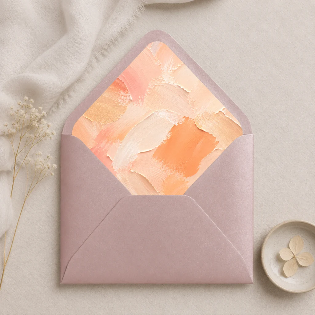 Metallic Rose envelope with the Apricot Canvas Envelope Liner Template featuring warm apricot, peach, cream, and soft coral brushstrokes for elegant wedding invitations.