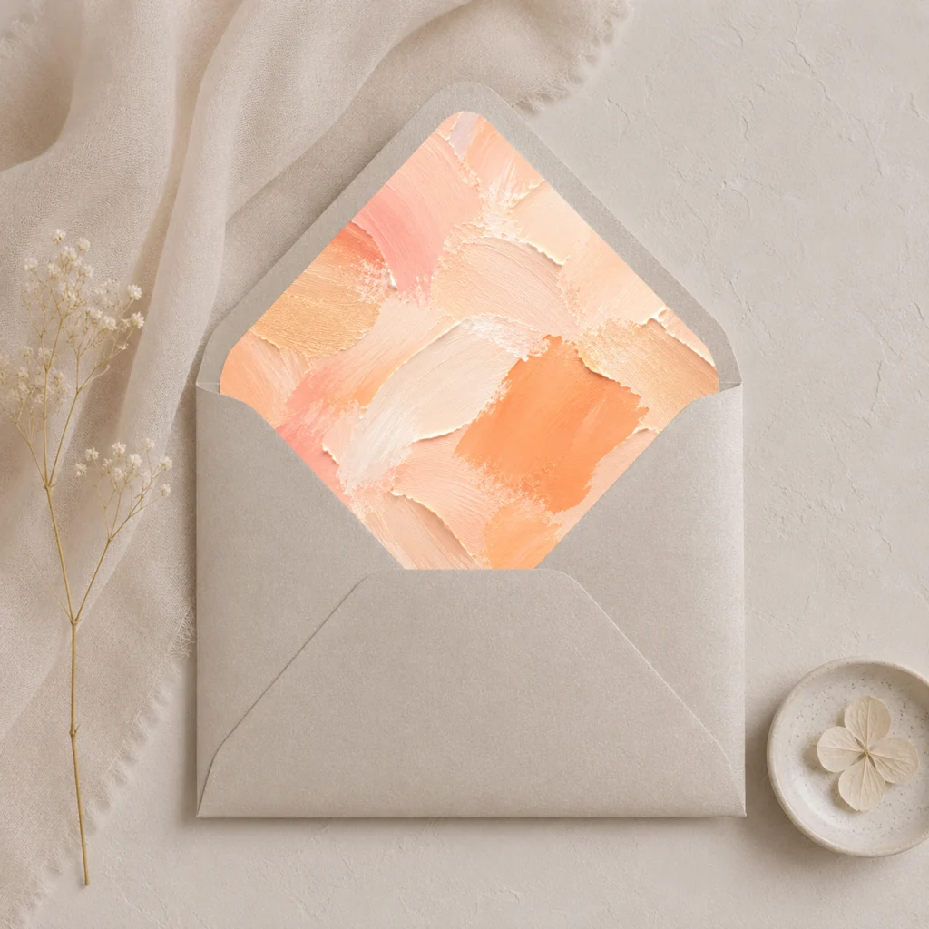 Metallic Sand envelope with the Apricot Canvas Envelope Liner Template featuring warm apricot, peach, cream, and soft coral brushstrokes for elegant wedding invitations.