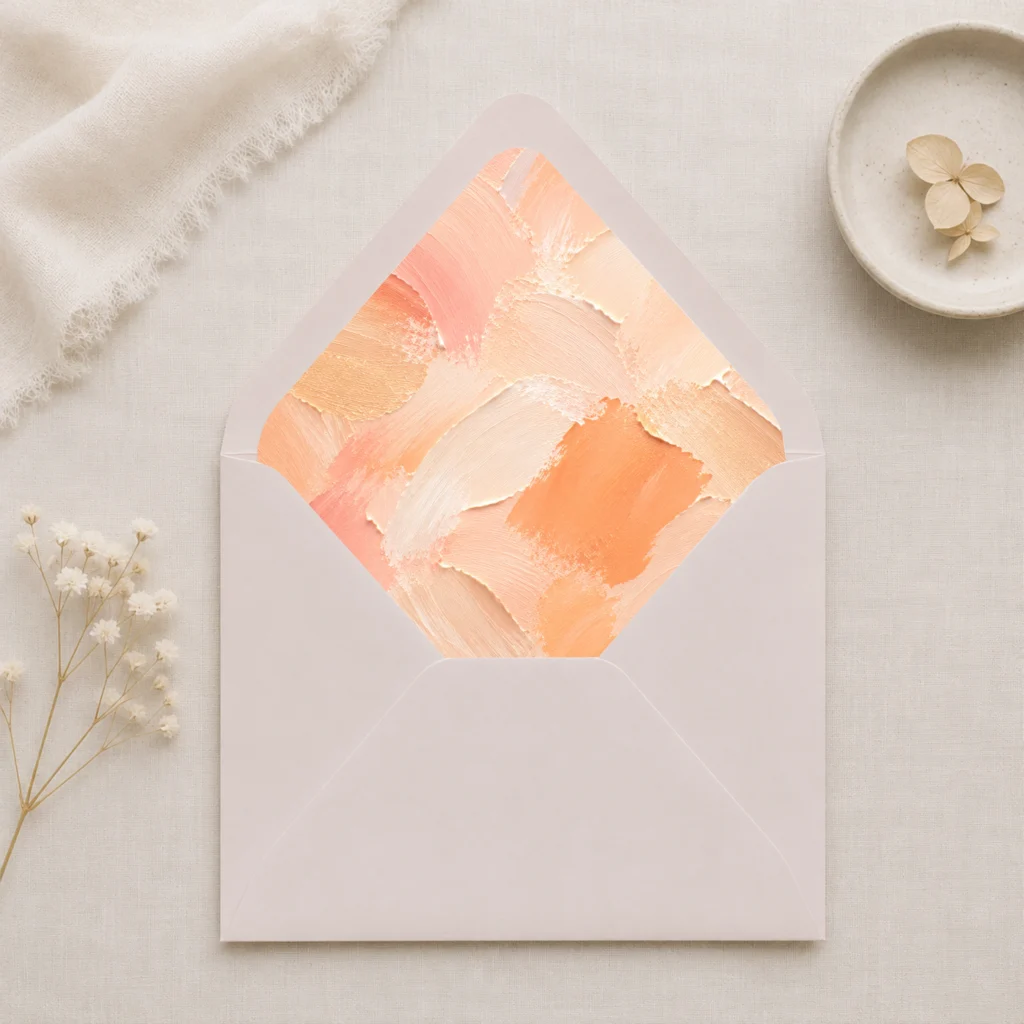 Taupe envelope with the Apricot Canvas Envelope Liner Template featuring warm apricot, peach, cream, and soft coral brushstrokes for elegant wedding invitations.