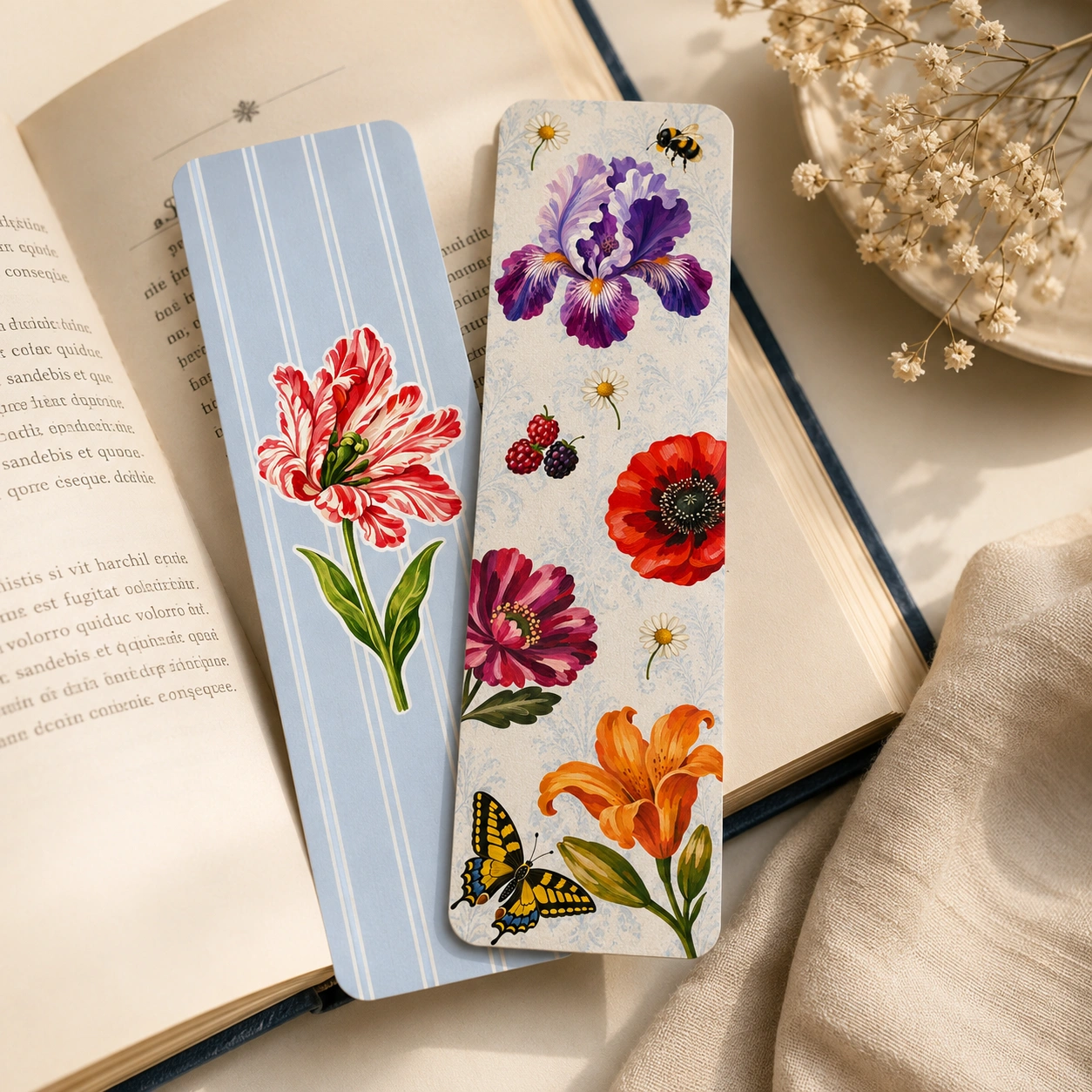 Elegant floral bookmarks featuring hand-illustrated botanical flowers inspired by vintage artwork, perfect for books, journals, planners, and thoughtful gifts.