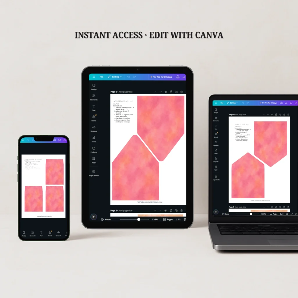 Blush Velvet Envelope Liner Template editable in Canva on desktop, tablet, and mobile for instant download wedding invitation liner templates.