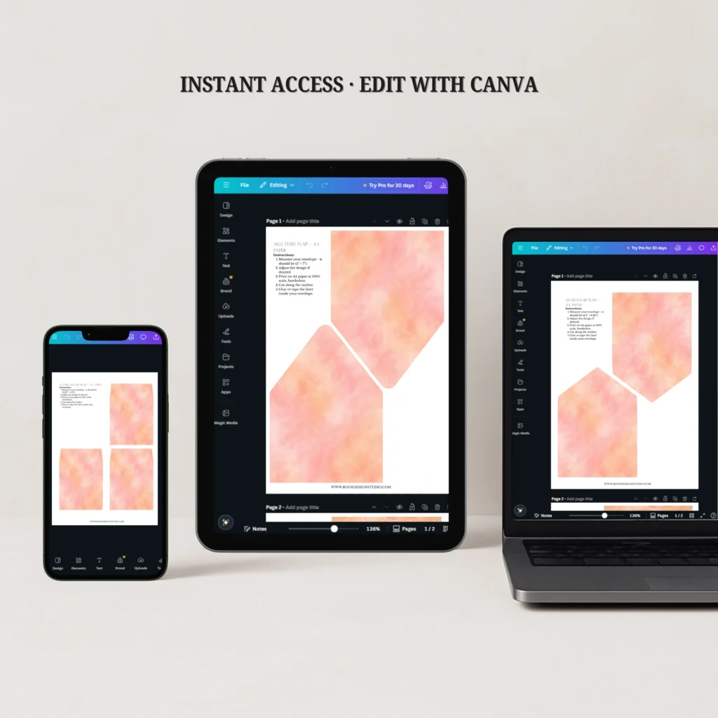 Apricot Canvas Envelope Liner Template editable in Canva on desktop, tablet, and mobile for instant download wedding invitation liner templates.