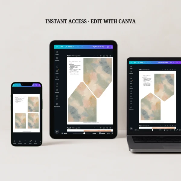 Painter's Blush Envelope Liner Template editable in Canva on desktop, tablet, and mobile for instant download wedding invitation liner templates.