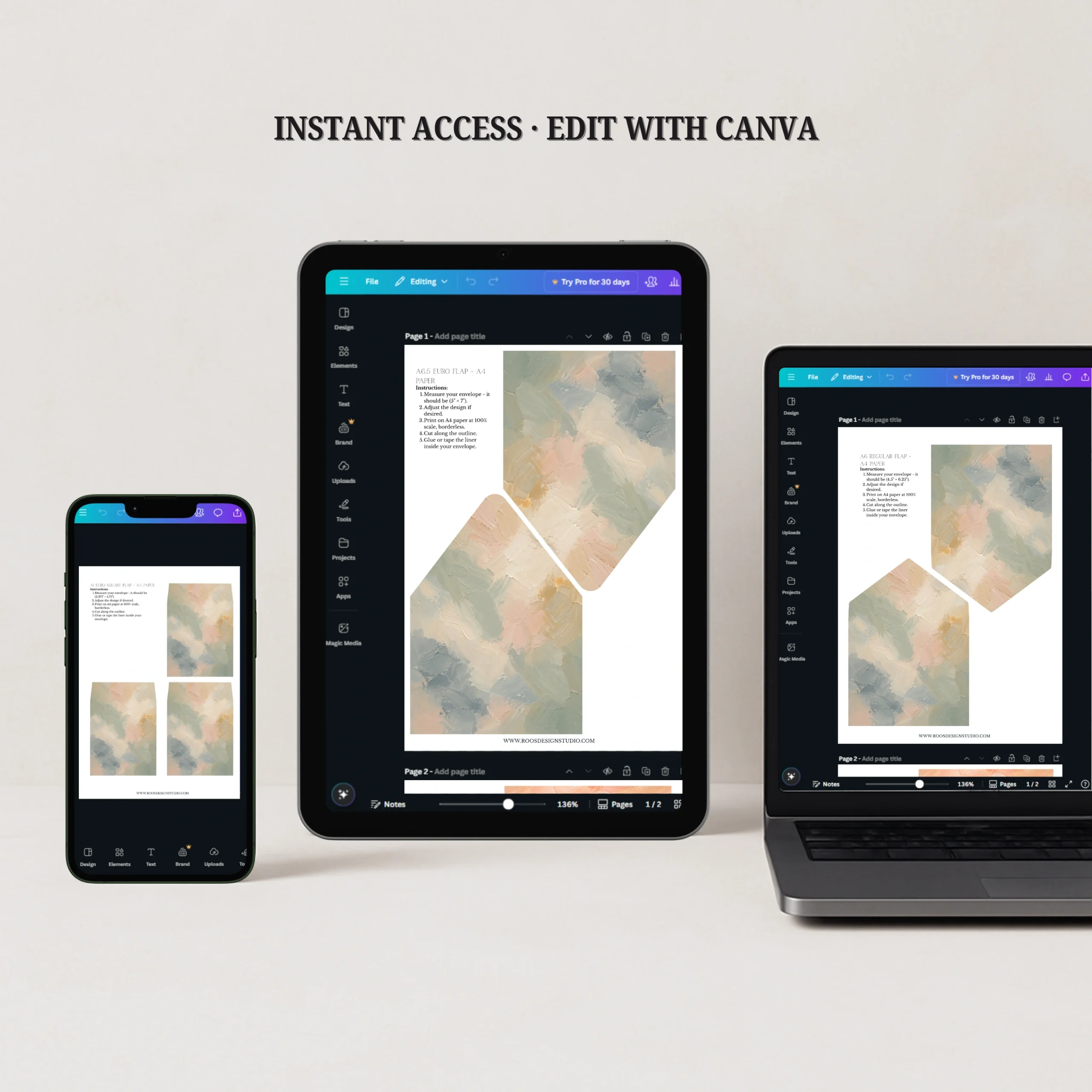 Painter's Blush Envelope Liner Template editable in Canva on desktop, tablet, and mobile for instant download wedding invitation liner templates.