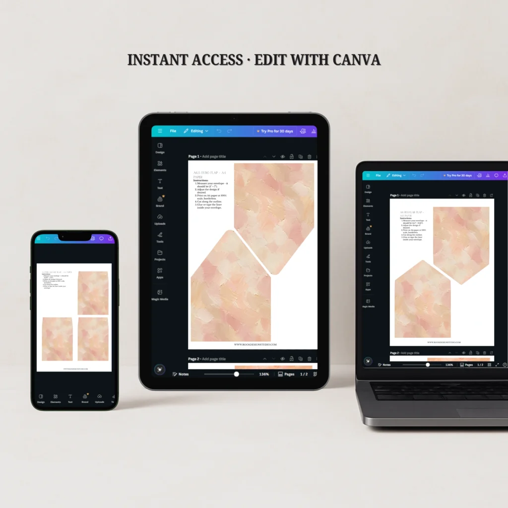 Champagne Canvas Envelope Liner Template editable in Canva on desktop, tablet, and mobile for instant download wedding invitation liner templates.