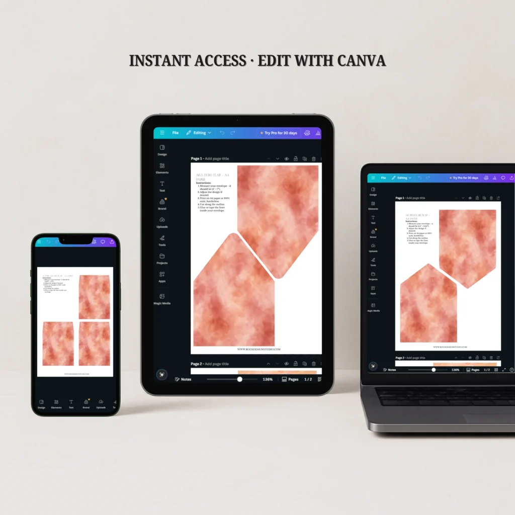 Terracotta Blush Envelope Liner Template editable in Canva on desktop, tablet, and mobile for instant download wedding invitation liner templates.
