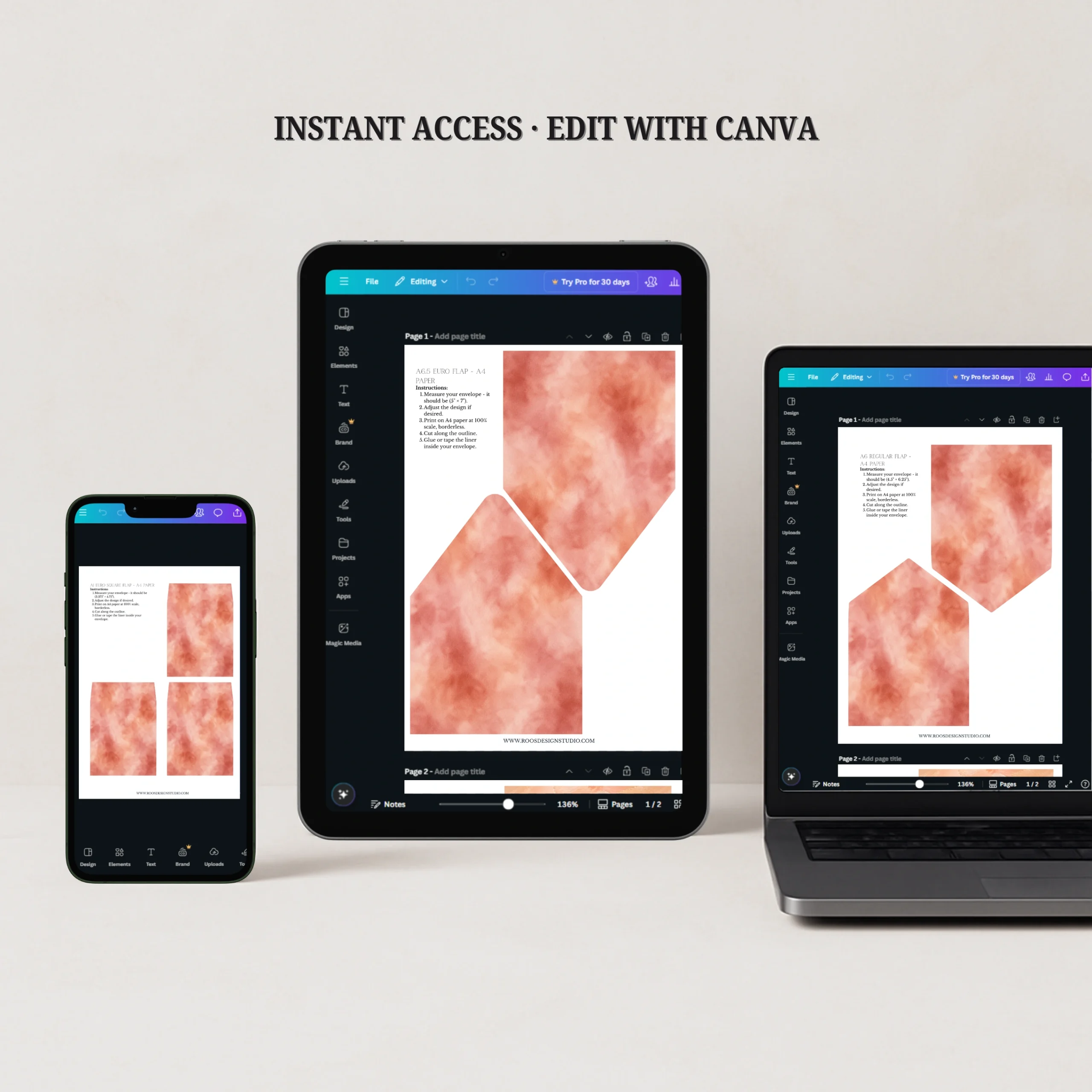 Terracotta Blush Envelope Liner Template editable in Canva on desktop, tablet, and mobile for instant download wedding invitation liner templates.