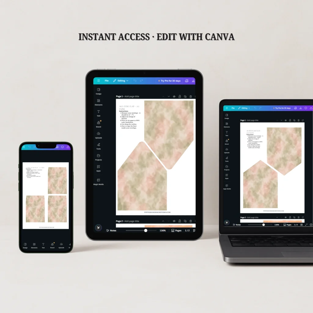 Sage Blush Envelope Liner Template editable in Canva on desktop, tablet, and mobile with instant download for DIY wedding stationery.