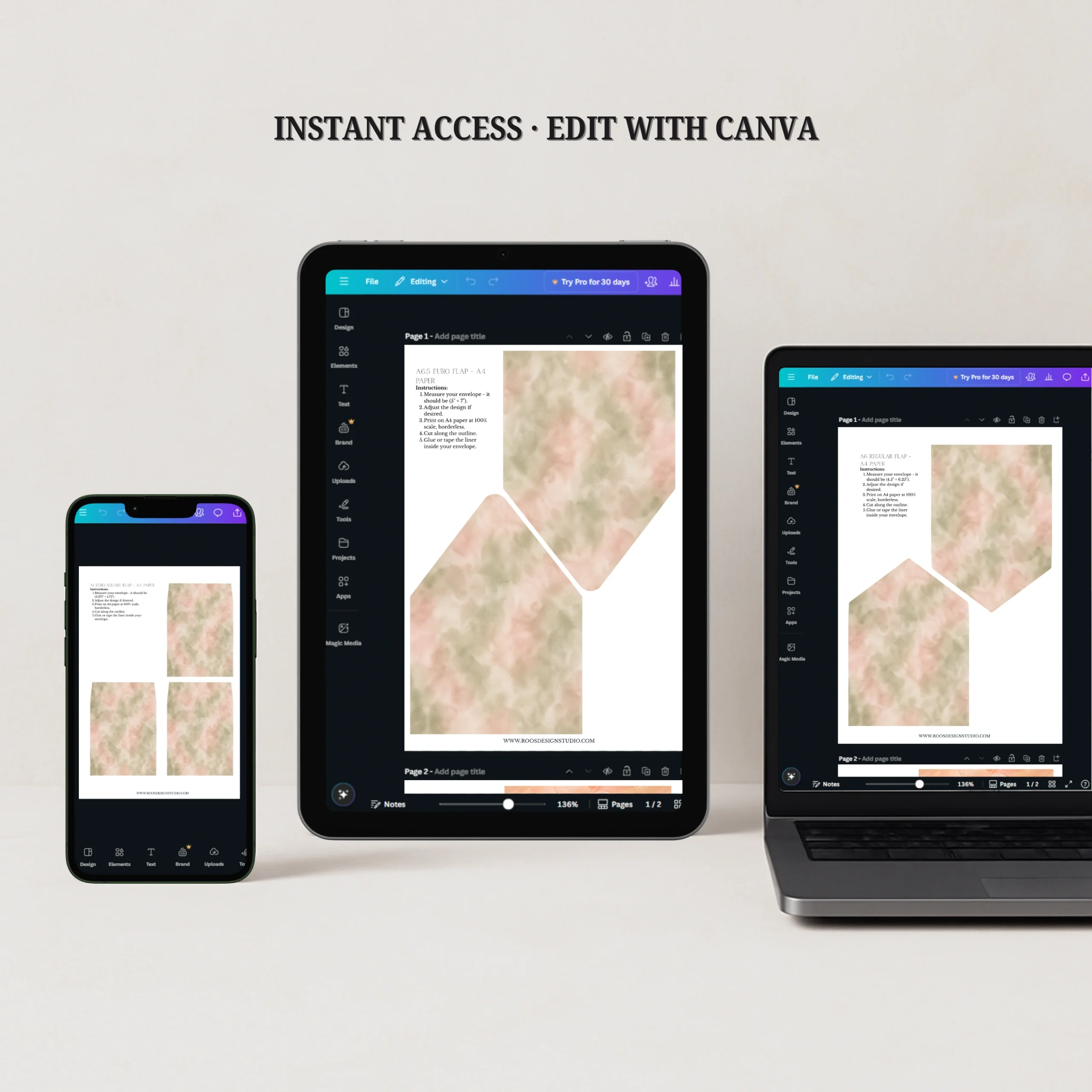 Sage Blush Envelope Liner Template editable in Canva on desktop, tablet, and mobile with instant download for DIY wedding stationery.