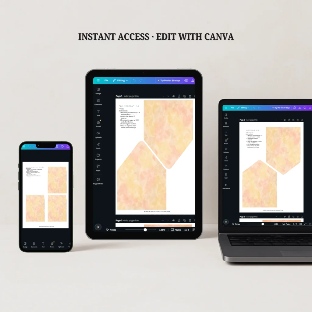 Butter Blush Envelope Liner Template editable in Canva displayed on phone, tablet, and laptop for instant digital download.