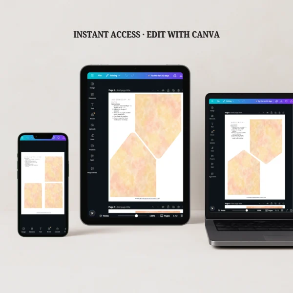 Butter Blush Envelope Liner Template editable in Canva displayed on phone, tablet, and laptop for instant digital download.