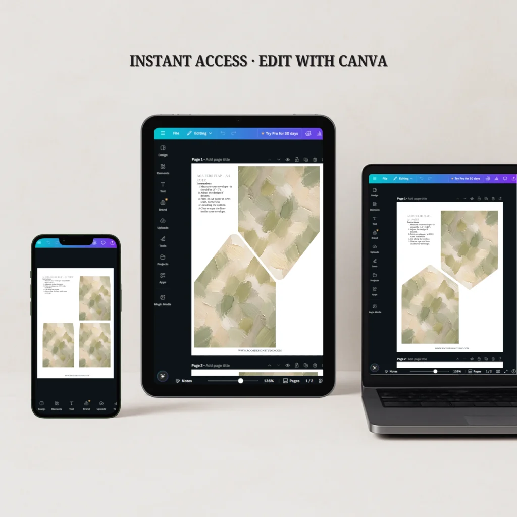 Sage Canvas Envelope Liner Template editable in Canva displayed on desktop, tablet, and smartphone for instant digital download.