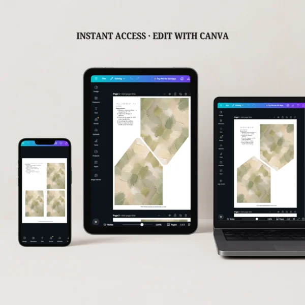 Sage Canvas Envelope Liner Template editable in Canva displayed on desktop, tablet, and smartphone for instant digital download.