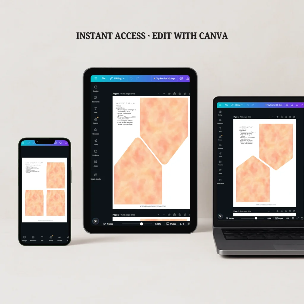 Champagne Peach Envelope Liner Template editable in Canva displayed on a phone, tablet, and laptop for instant digital download.