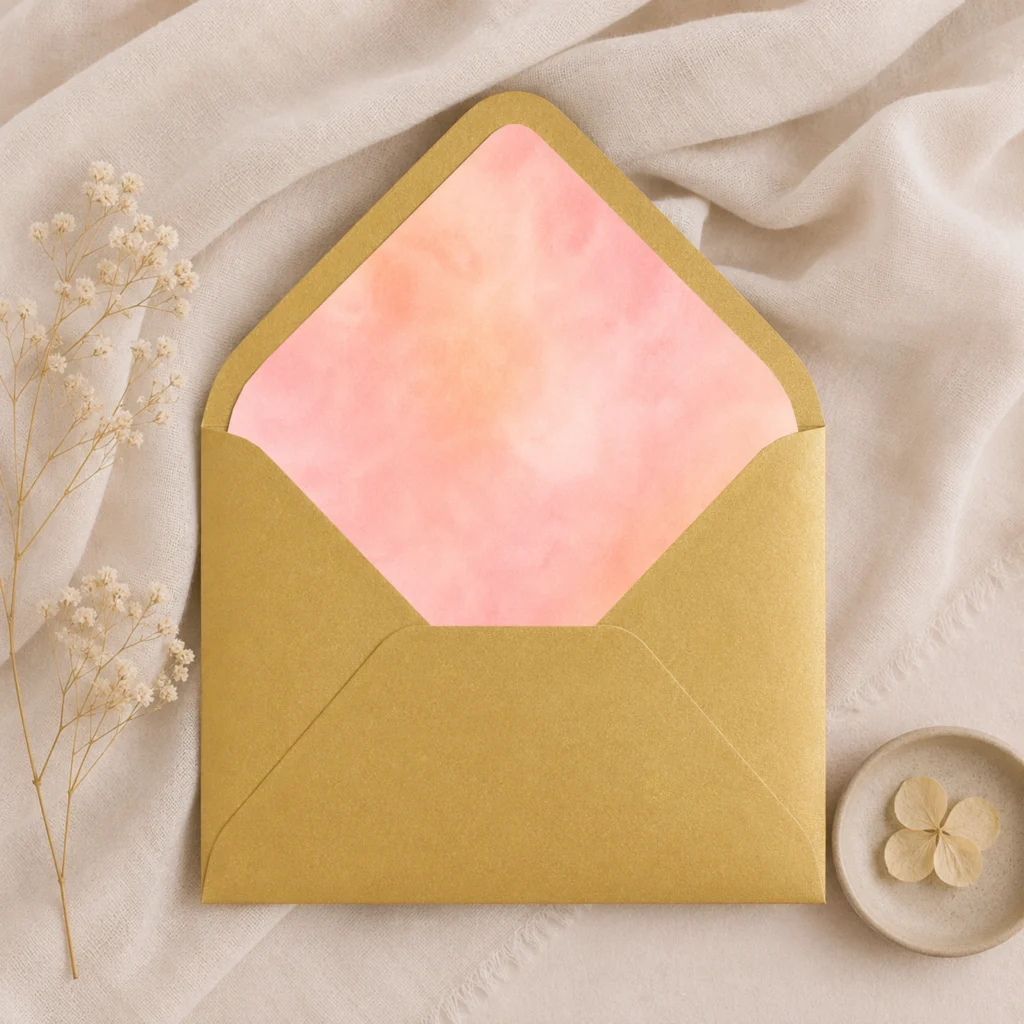 Gold Metallic envelope with Apricot Blush watercolor envelope liner in soft apricot, peach, and blush tones, creating a luxurious and elegant wedding invitation presentation.