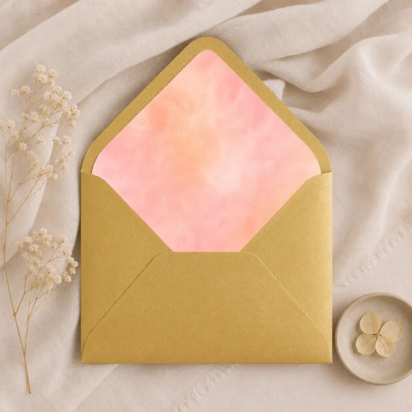 Gold Metallic envelope with Apricot Blush watercolor envelope liner in soft apricot, peach, and blush tones, creating a luxurious and elegant wedding invitation presentation.