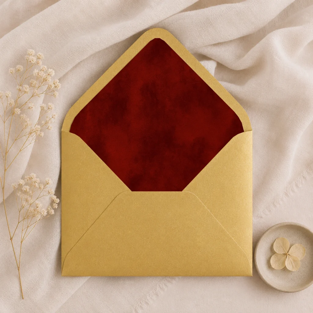 Metallic Gold envelope with the Burgundy Velvet Envelope Liner Template featuring a rich deep burgundy watercolor texture for elegant wedding invitations.
