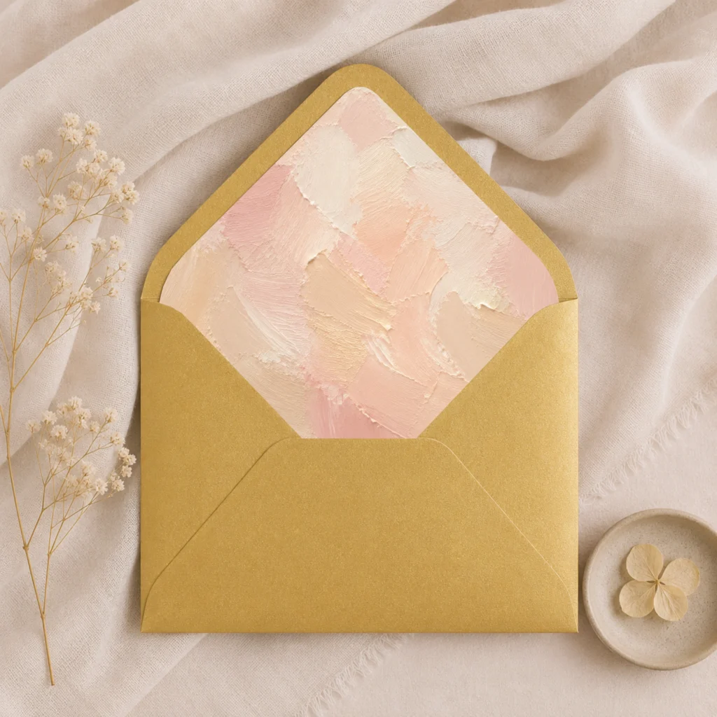 Metallic Gold envelope with the Champagne Canvas envelope liner featuring painterly brushstrokes in champagne, blush pink, ivory, and warm cream, styled for elegant wedding invitations.