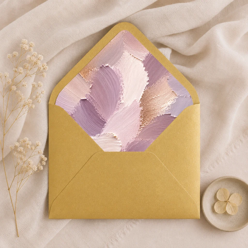 Metallic Gold envelope with the Lavender Canvas envelope liner featuring textured painterly brushstrokes in lavender, mauve, champagne, blush pink, ivory, and warm taupe, styled for luxurious wedding invitations.
