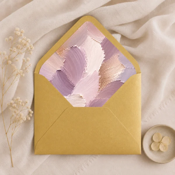 Metallic Gold envelope with the Lavender Canvas envelope liner featuring textured painterly brushstrokes in lavender, mauve, champagne, blush pink, ivory, and warm taupe, styled for luxurious wedding invitations.