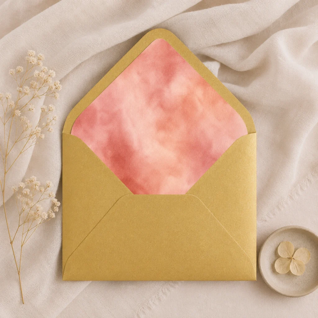 Metallic Gold envelope with the Terracotta Blush envelope liner featuring a soft watercolor blend of terracotta, coral, blush pink, peach, and warm rose tones, styled for elegant wedding invitations.