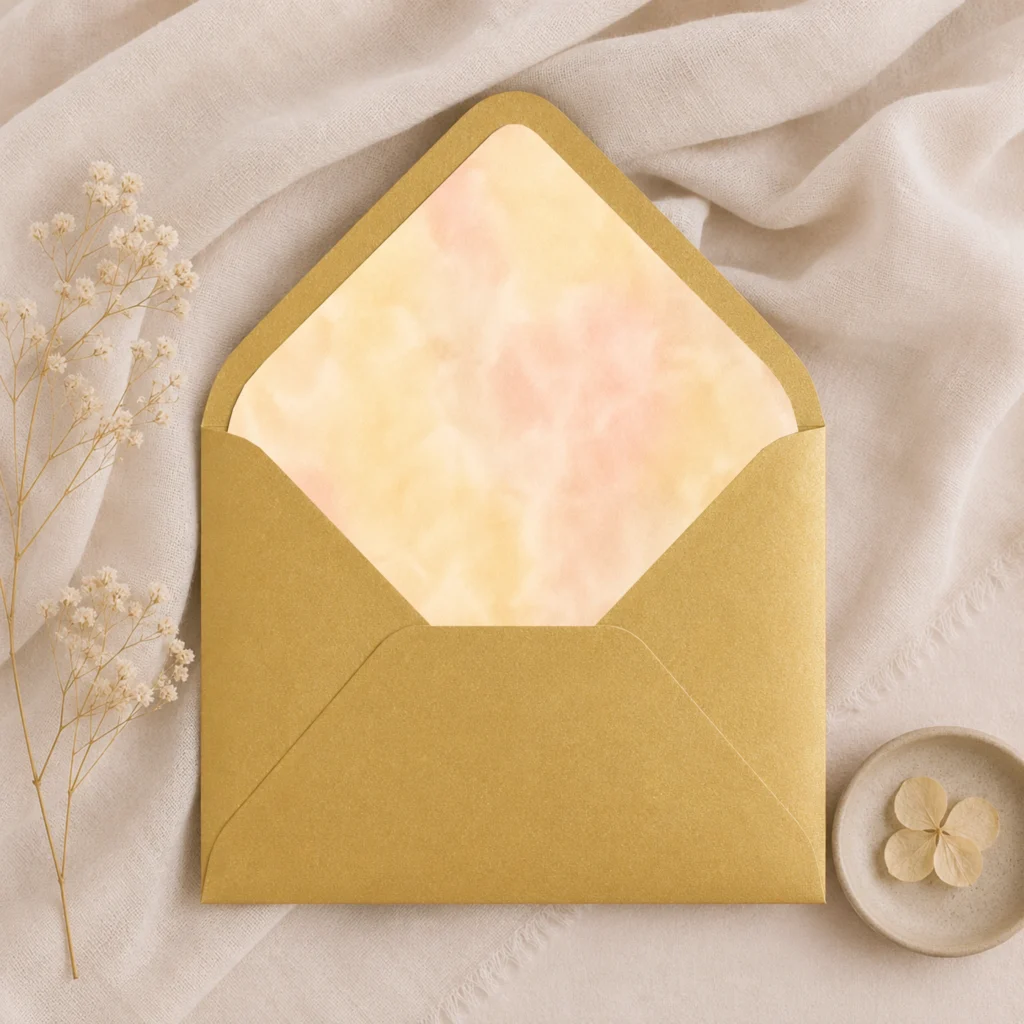 Butter Blush Envelope Liner Template displayed inside a Metallic Gold envelope with soft butter yellow and blush watercolor design for elegant wedding invitations.