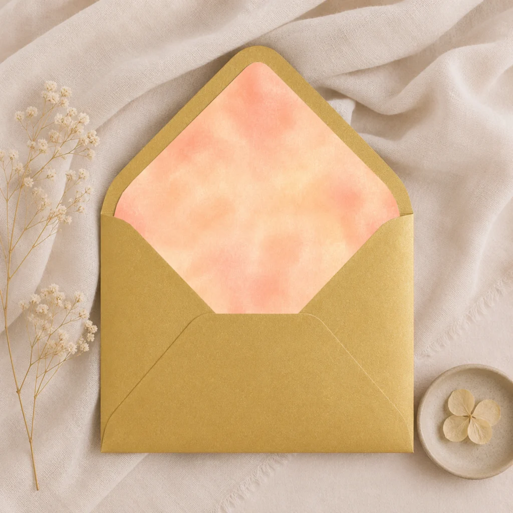 Metallic Gold envelope featuring the Champagne Peach Envelope Liner Template with soft champagne and peach watercolor artwork for elegant wedding invitations.