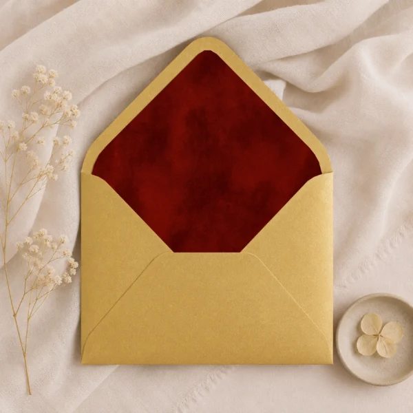 Metallic Gold envelope with the Burgundy Velvet Envelope Liner Template featuring a rich deep burgundy watercolor texture for elegant wedding invitations.
