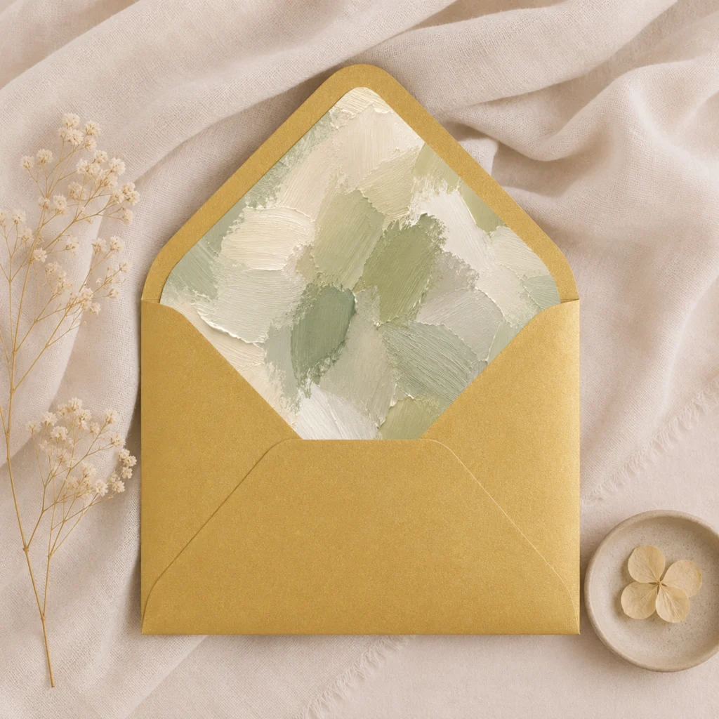 Metallic Gold envelope featuring the Sage Canvas Envelope Liner Template with textured sage green, olive, ivory, and cream brushstroke artwork for elegant wedding invitations.