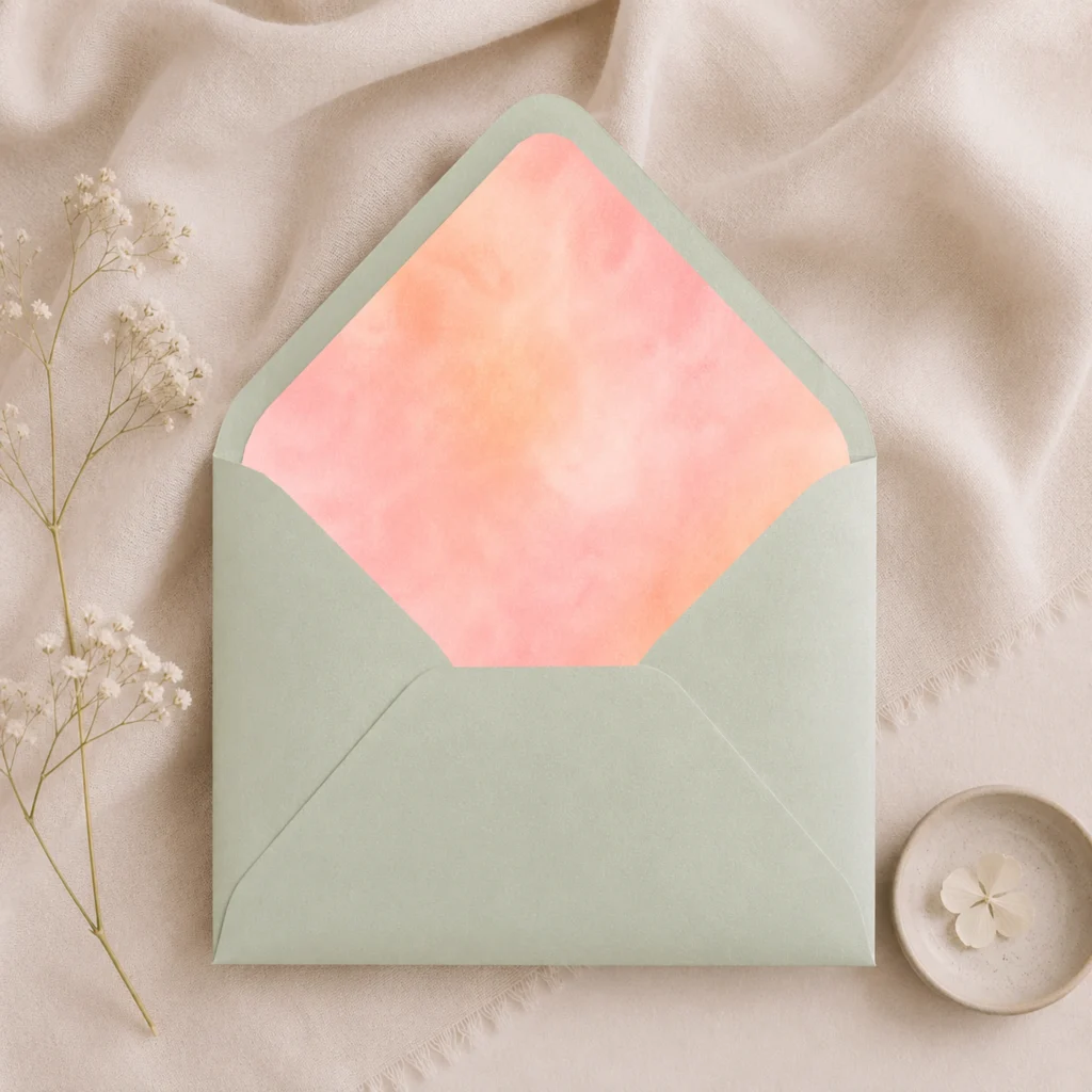 Mint Metallic envelope with Apricot Blush watercolor envelope liner in soft apricot, peach, and blush tones, creating a fresh and elegant wedding invitation presentation.