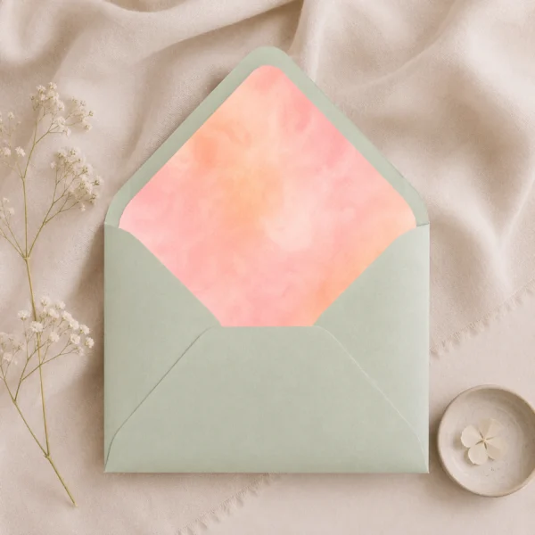 Mint Metallic envelope with Apricot Blush watercolor envelope liner in soft apricot, peach, and blush tones, creating a fresh and elegant wedding invitation presentation.