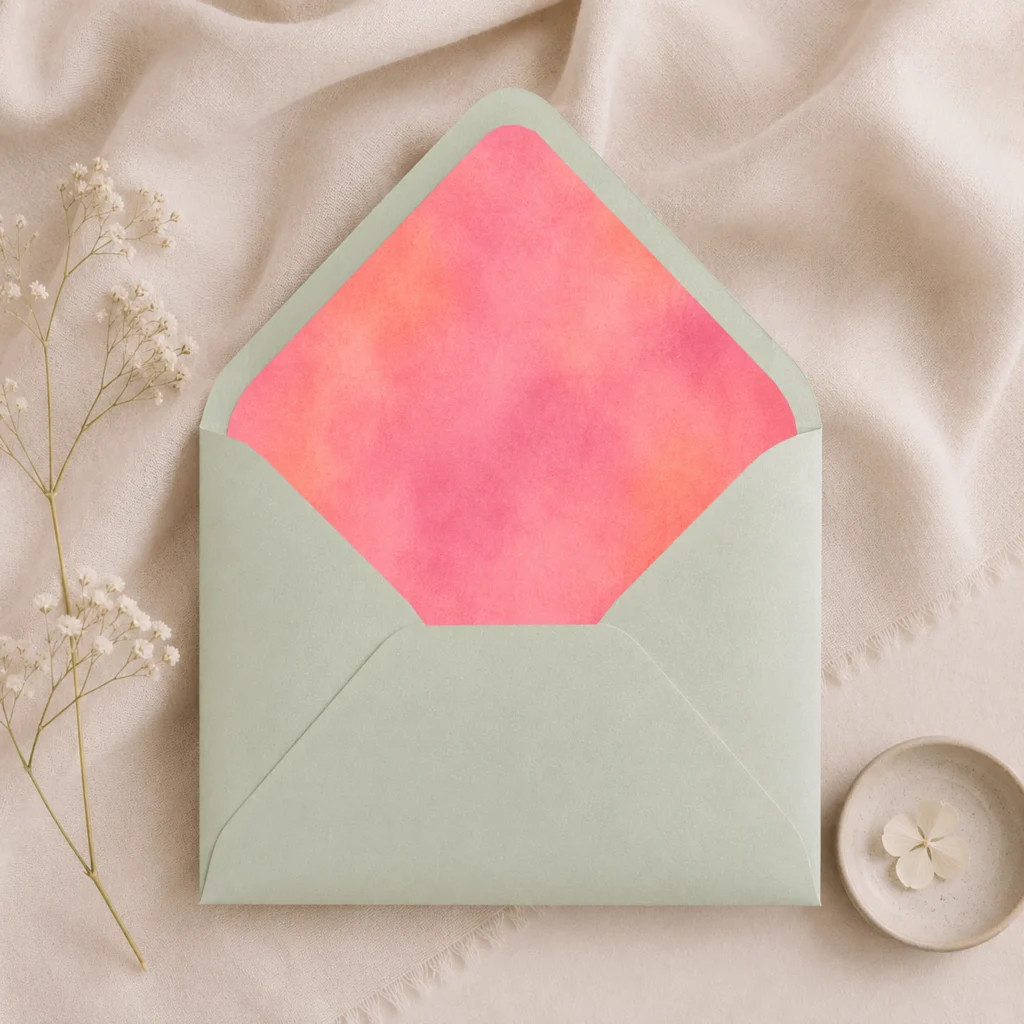 Blush Velvet envelope liner inside a metallic mint Euro flap envelope, creating a fresh and romantic look for wedding invitations and elegant stationery.