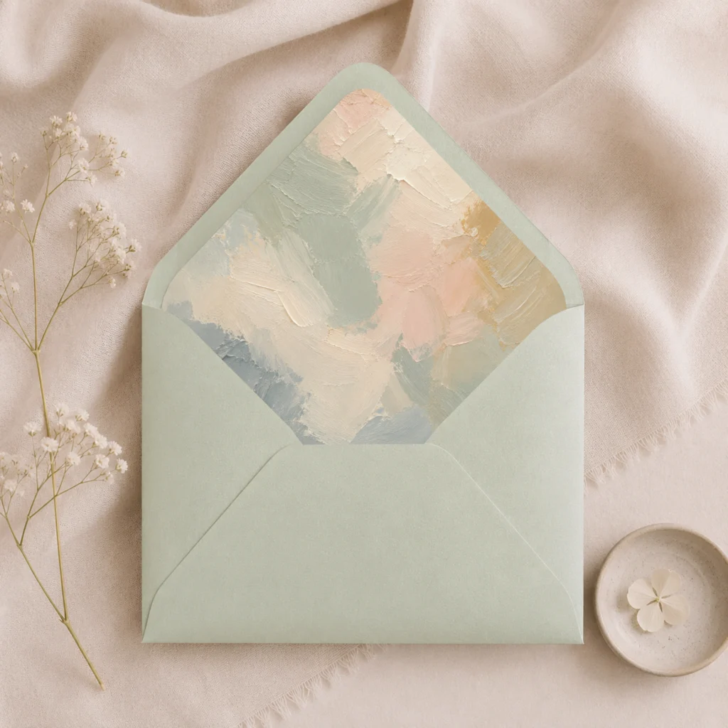 Mint Metallic envelope with Painter's Blush envelope liner featuring textured brushstrokes in sage green, ivory, blush, beige, muted blue, and soft gold for elegant wedding invitations.