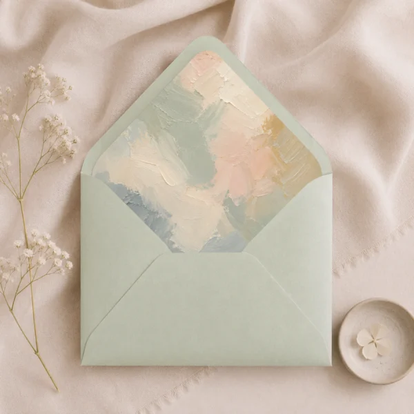 Mint Metallic envelope with Painter's Blush envelope liner featuring textured brushstrokes in sage green, ivory, blush, beige, muted blue, and soft gold for elegant wedding invitations.