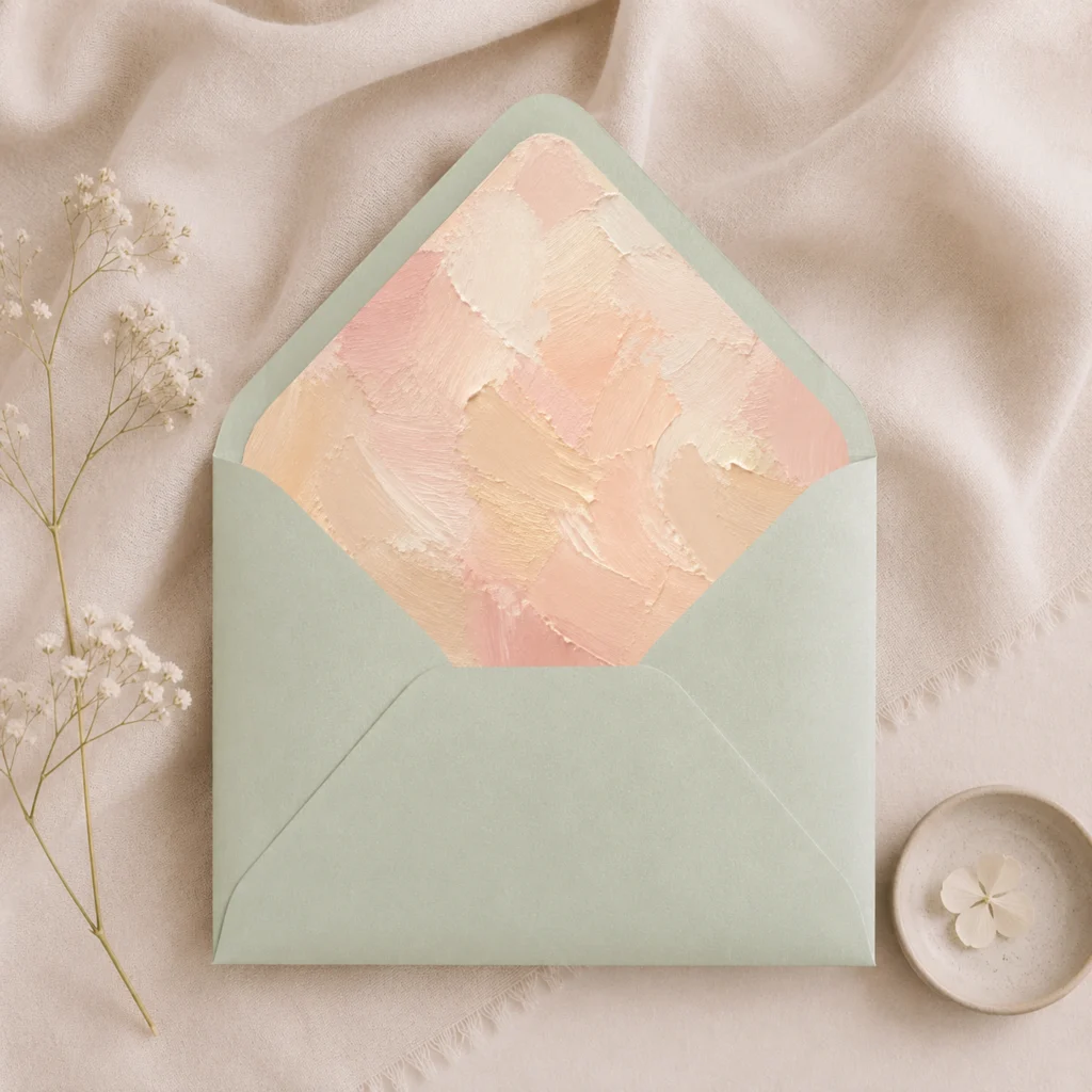 Mint Metallic envelope with the Champagne Canvas envelope liner featuring painterly brushstrokes in champagne, blush pink, ivory, and warm cream, styled for elegant wedding invitations.