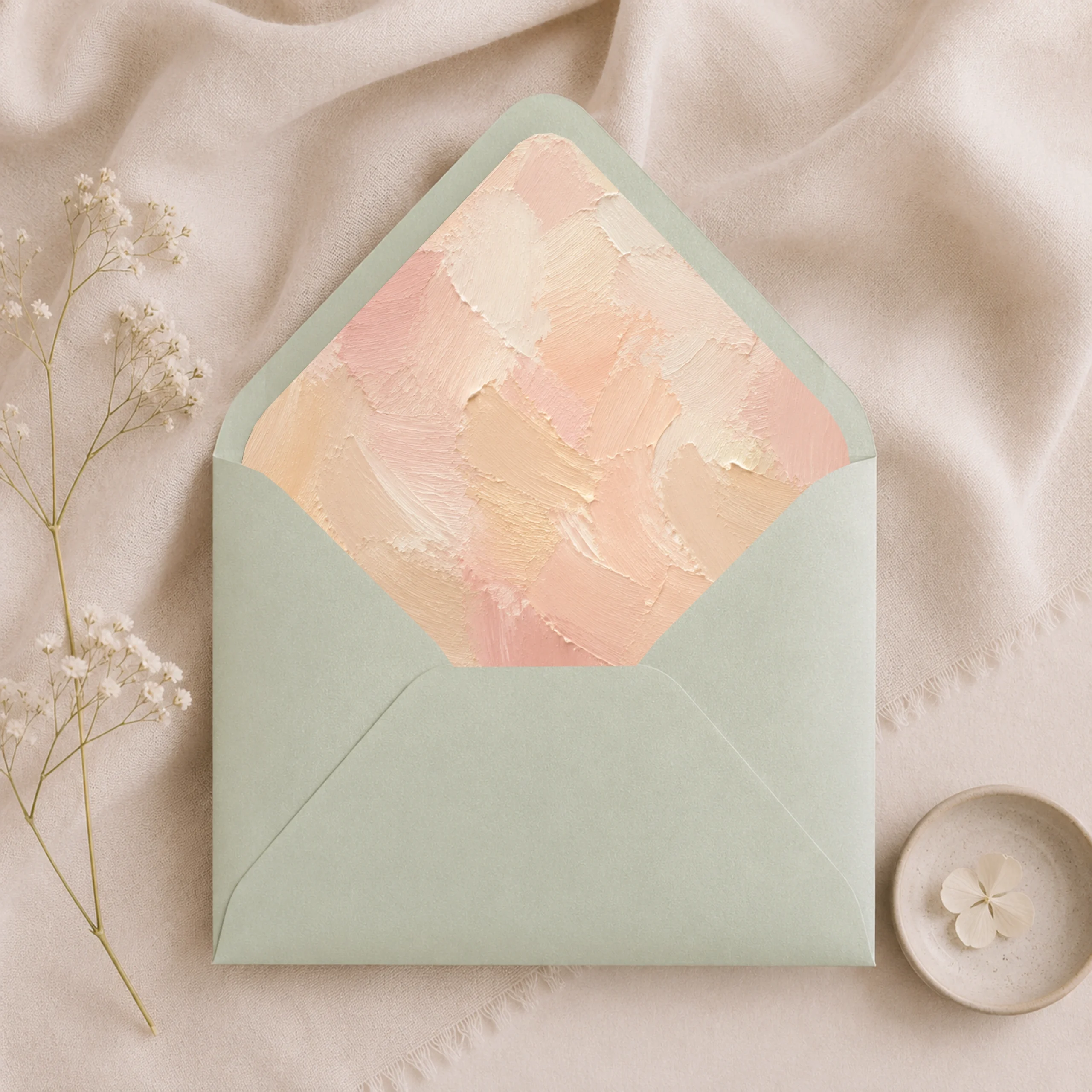 Mint Metallic envelope with the Champagne Canvas envelope liner featuring painterly brushstrokes in champagne, blush pink, ivory, and warm cream, styled for elegant wedding invitations.